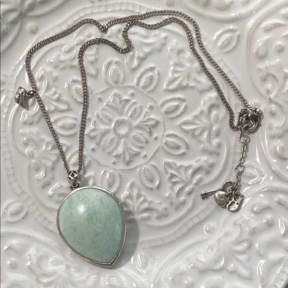 Fossil Turquoise Teardrop Stone Silver Necklace with Bird Charm Accent Vintage - Picture 14 of 16